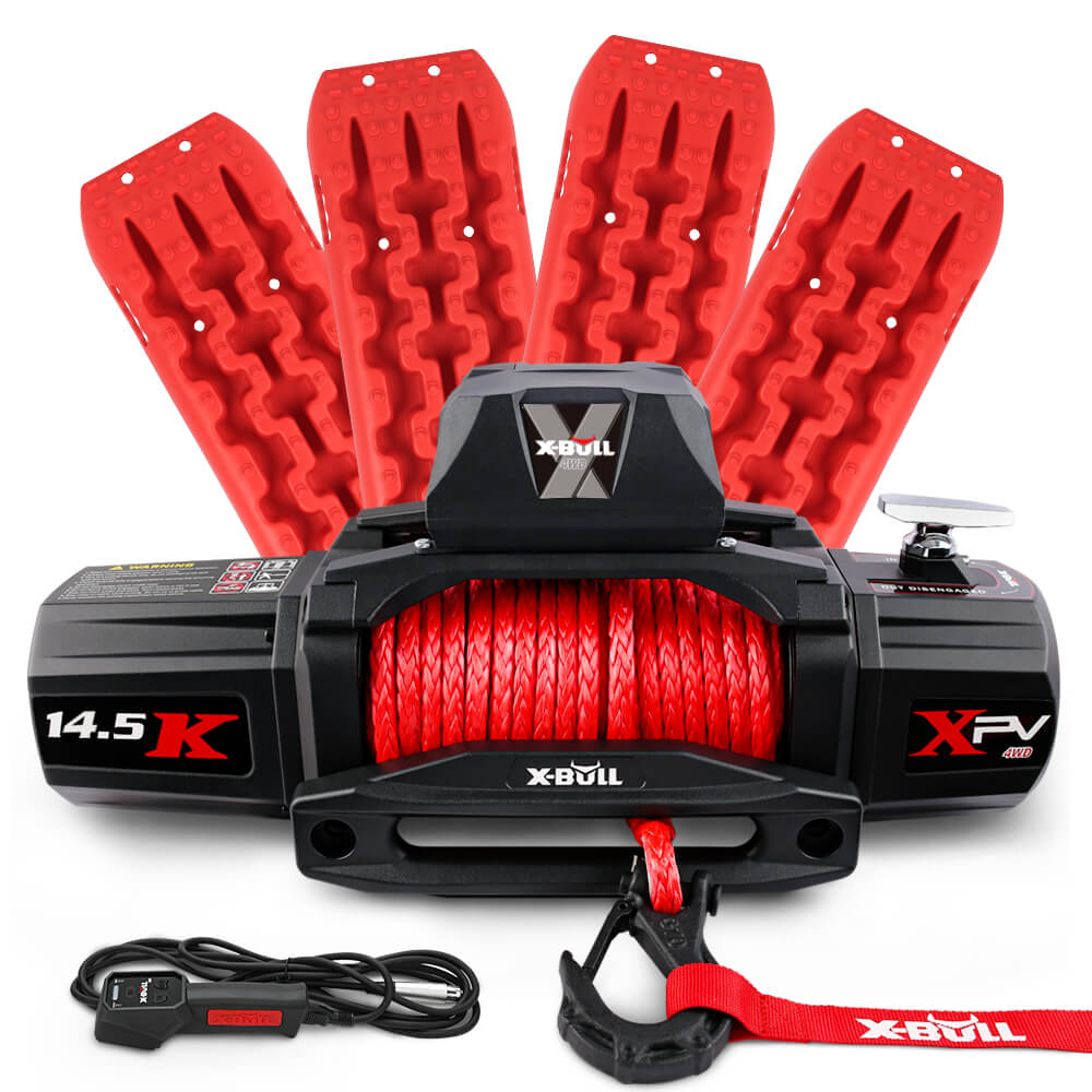 X-BULL 4WD Electric Winch 14500LBS 12V synthetic rope with 2 Pairs Recovery Tracks Gen2.0 Red